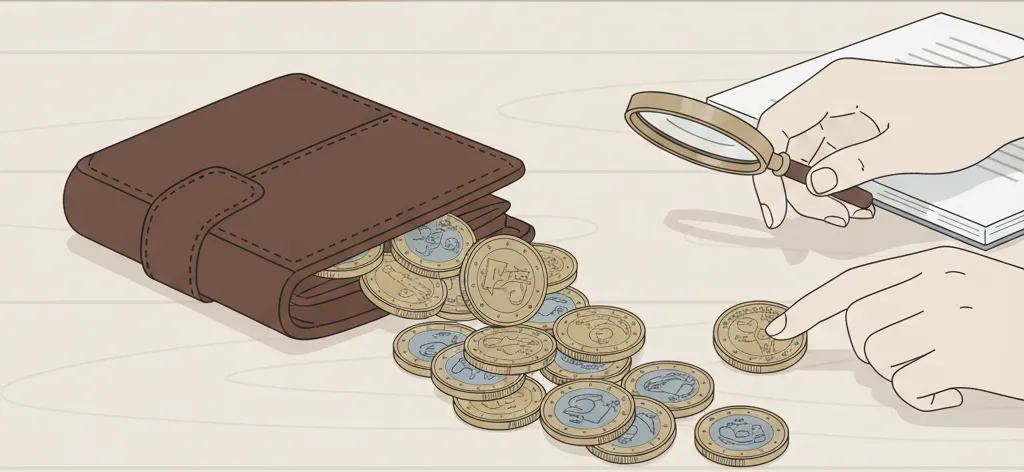 A scene of a wallet spilling rare 2 euro coins onto a table