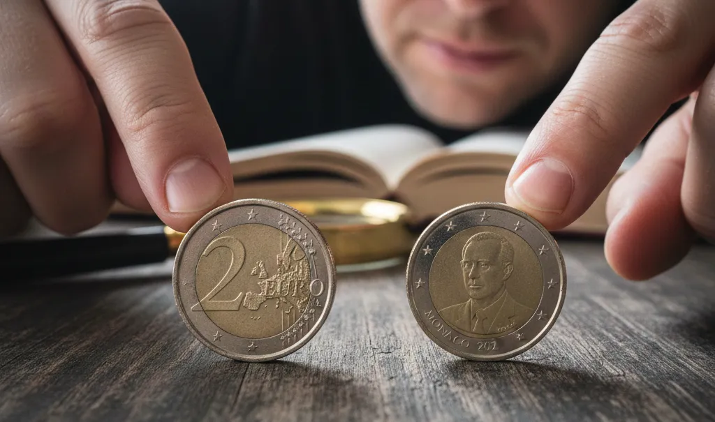Person comparing common and rare 2 euro coins side by side