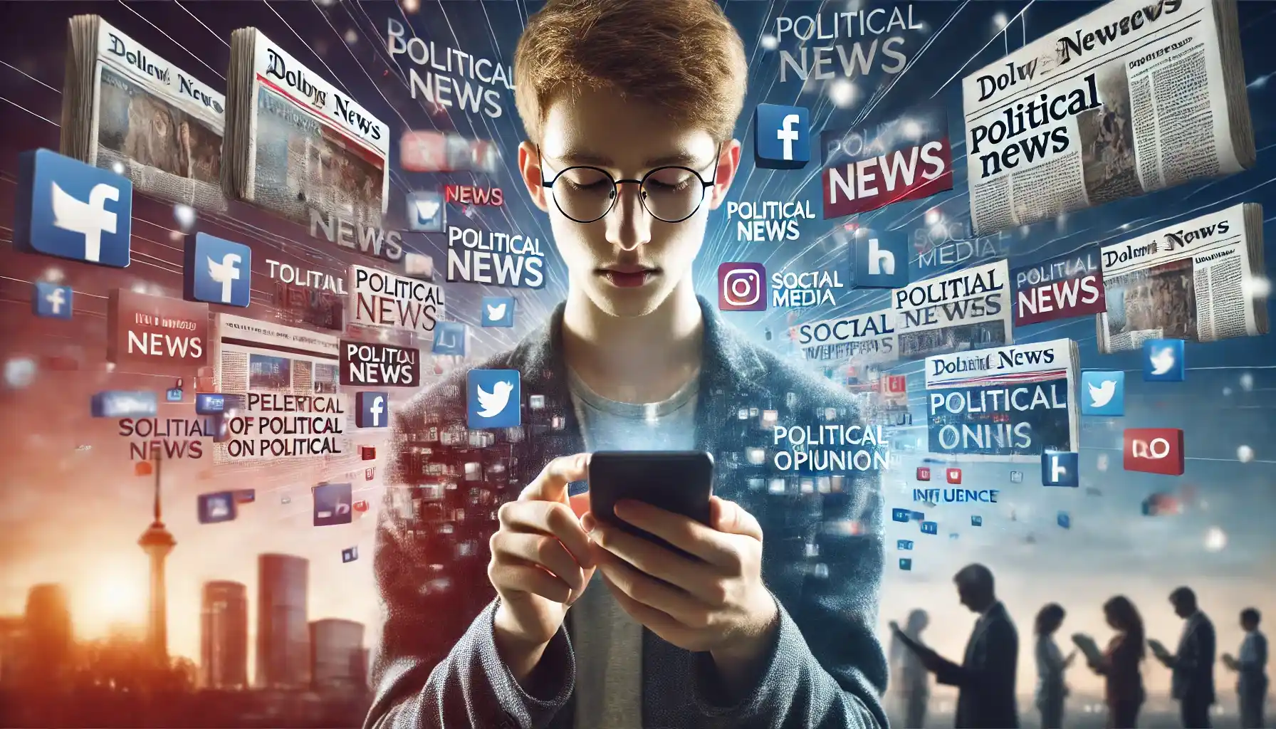 a young person reading political news on a mobile phone with a background showing a variety of media sources, including television news, newspapers, and social media icons. 