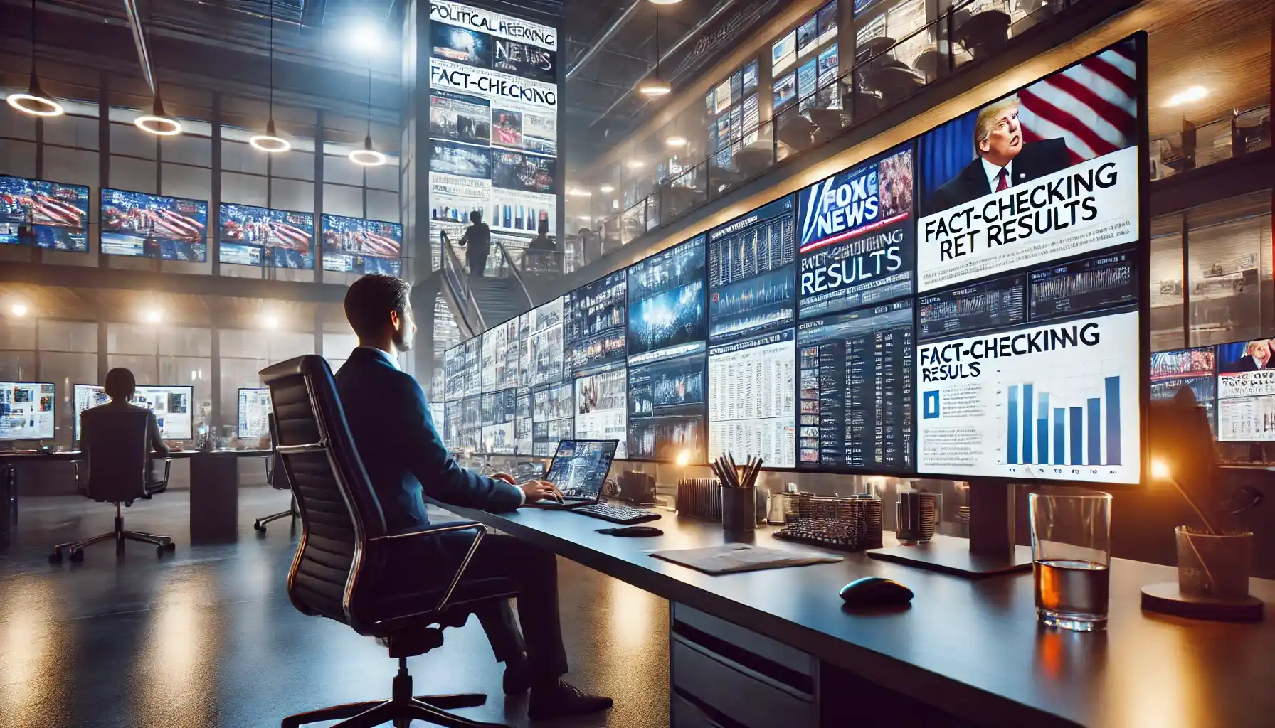 a modern media workspace, with a journalist focusing on multiple screens displaying political news, fact-checking results, and social media feeds. 