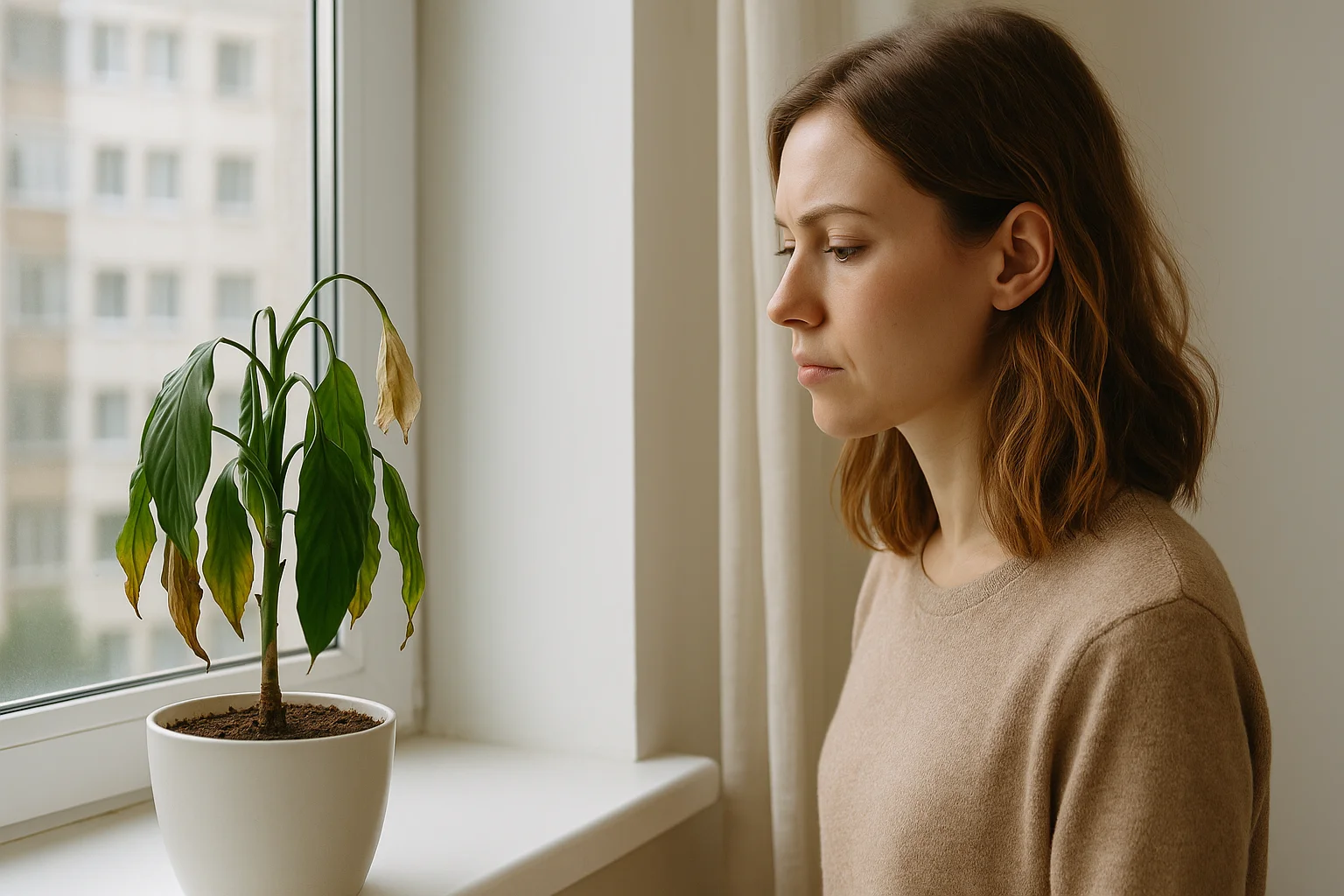 A thoughtful woman stands at the window, looking at a wilting plant and trying to understand what is wrong with it.