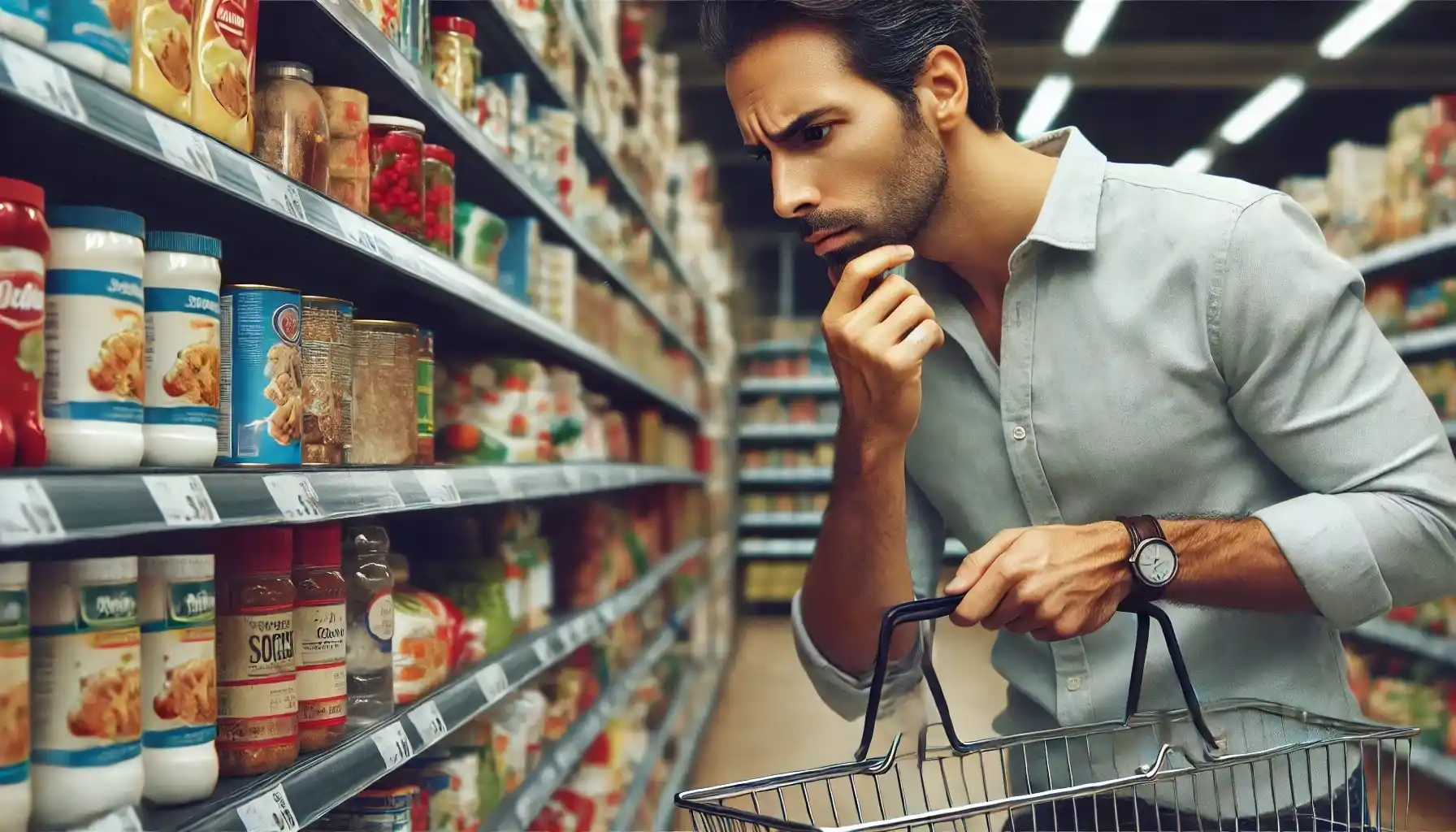 A man in a grocery store is holding a shopping basket in one hand while carefully examining a price tag on a product with a concerned expression. 