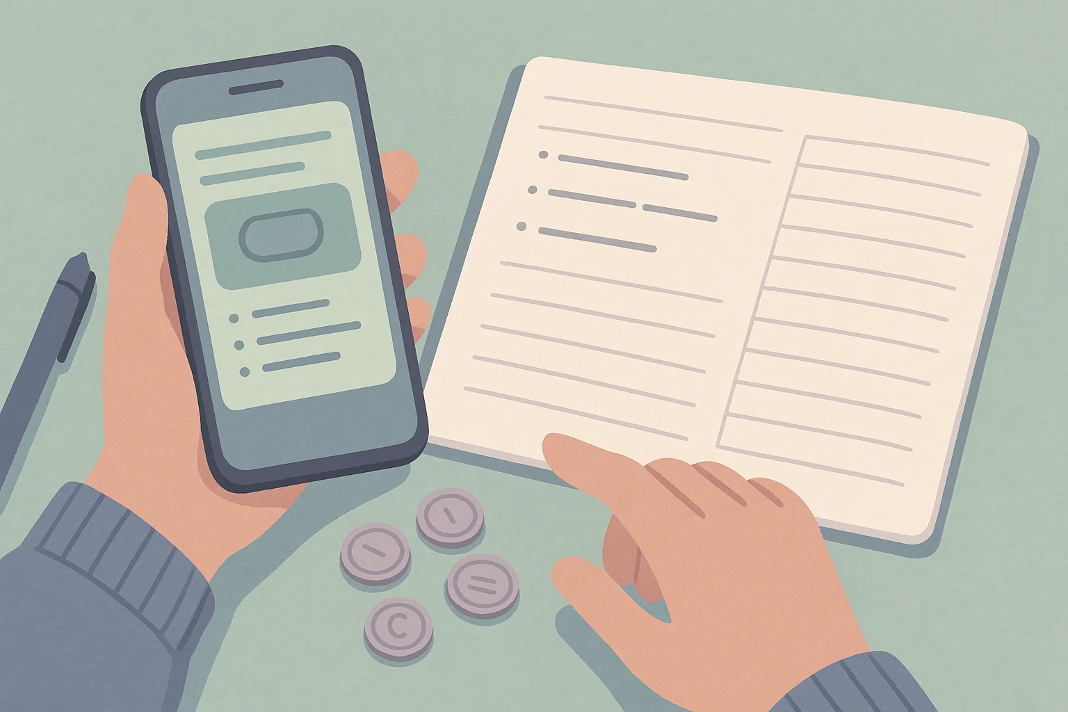 A person arranging information about coins via a smartphone app and physical notes.