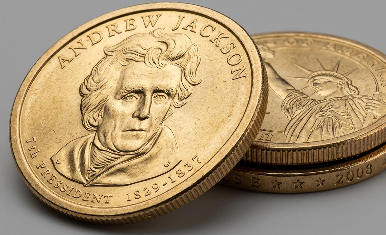 Detailed shot of Andrew Jackson dollar coin edge and face